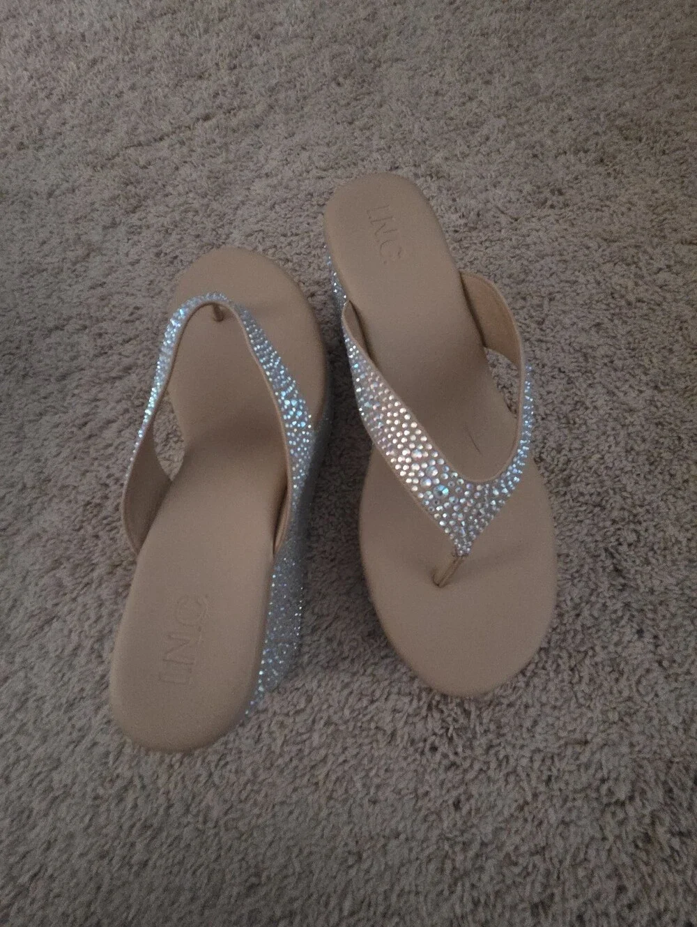 Beige Crystal Embellished Wedge Flip Flops - Brand: